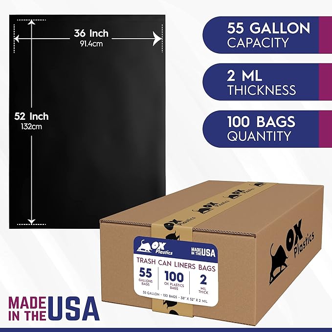 55 Gallon Trash Bag - 2 MIL thick, 100 count Large Contractor Heavy Duty Bags, Extra Large Trash Can Liner Bags, 36x52 2mil (Black)