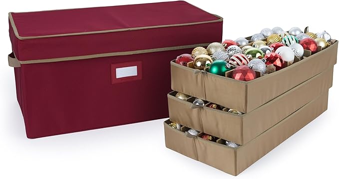 Covermates Keepsakes Adjustable Ornament Storage Box – Heavy-Duty Polyester, Padded Dividers & FlexGrid Trays – Protective Holiday Organizer with Stackable Walls & Label Window, Red