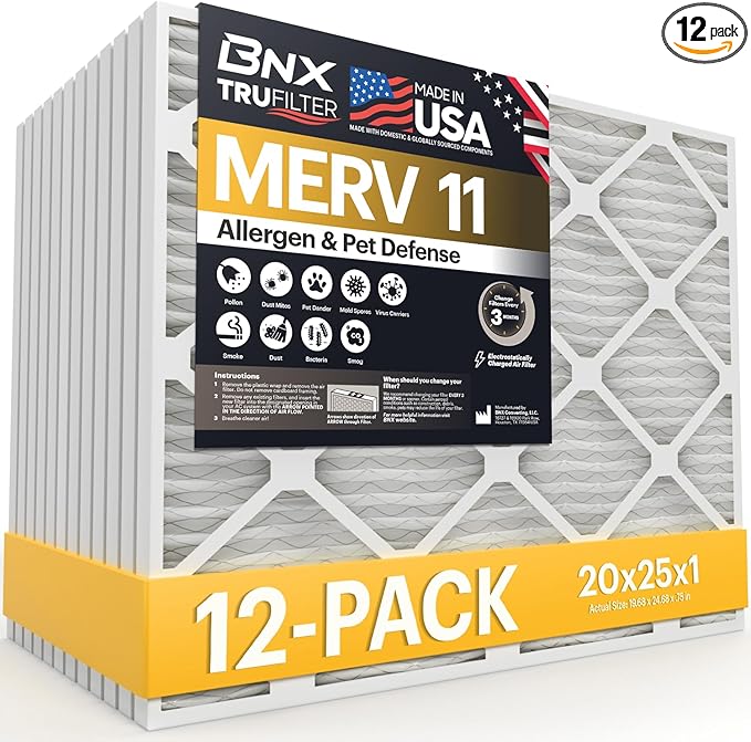 BNX TruFilter 20x25x1 Air Filter MERV 11 (12-Pack) - MADE IN USA - Allergen Defense Electrostatic Pleated Air Conditioner HVAC AC Furnace Filters for Allergies, Dust, Pet, Smoke, Allergy MPR 1200 FPR