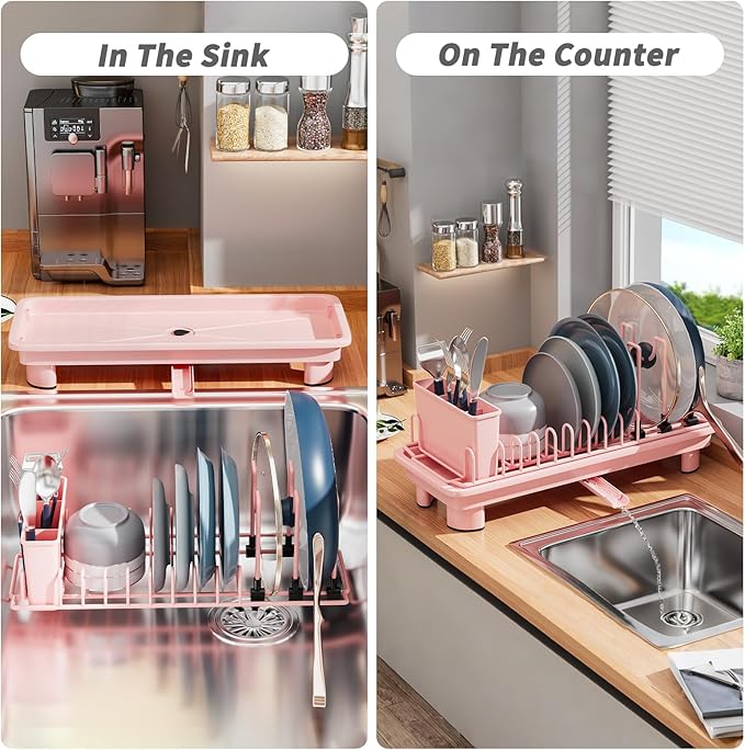 Small Dish Drying Rack with Removable Utensil Holder & Anti-Scratch Base - Stainless Steel Dish Rack, Dish Drying Rack with Drainage & Space Saving Design for Kitchen Counter, Pink