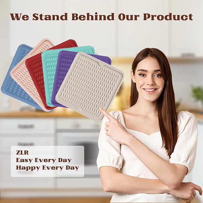ZLR Silicone Dish Drying Mat 12" x 12" Square - Small Heat Resistant Trivet & Countertop Protector for Air Fryer, Coffee Maker - Waterproof Kitchen Drain Pad for Cups, Fruit (Milk White)