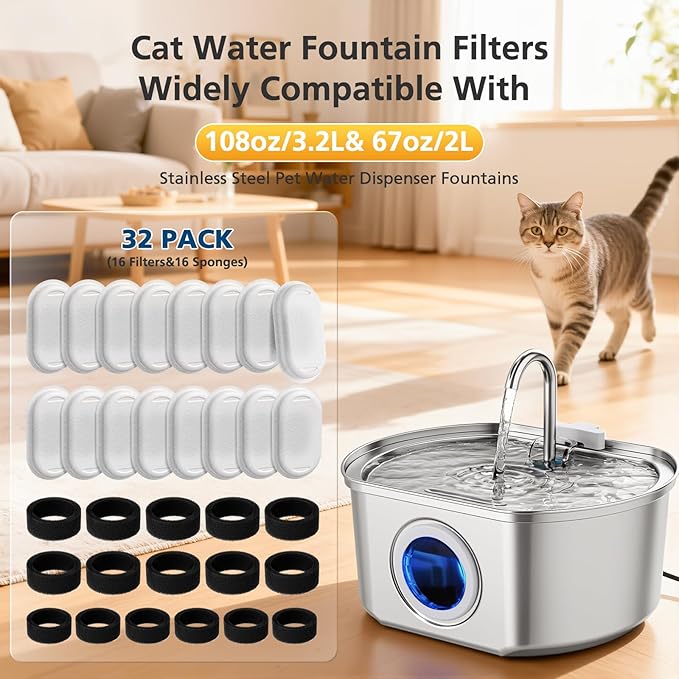 32 Pack Cat Water Fountain Filters for 108/3.2L& 67oz/2L Stainless Steel Pet Water Dispenser Cat/Dog Fountain Filter Replacement(16 Filters & 16 Sponges)