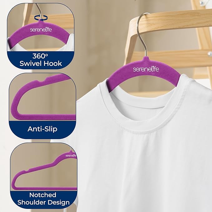 SereneLife 100 Pack Velvet Hangers - Non-Slip Felt with 360° Swivel Hook, Space-Saving, Ultra-Thin, Lightweight for Shirts, Sweaters, Hoodies, Kids Clothes & Dresses
