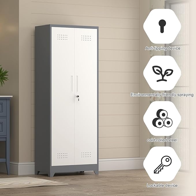 65" H Broom Closet Storage Cabinet, Garage Storage Cabinet with Adjust Shelves,Utility Cabinet,Utility Closet for Garage,Gray-White