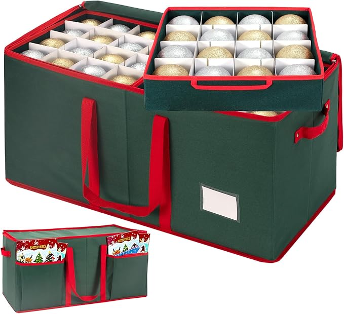 ININ Christmas Ornament Storage Box with Adjustable Dividers,Christmas Ornaments Organizer with Zippered Top,Storage Container Bin with Side Pockets for Holiday Decorations(128 Ball, Green, with Tray)