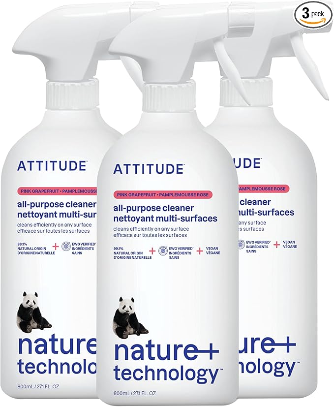 ATTITUDE All Purpose Cleaner Spray, EWG Verified, Vegan, Made with 94% Plant-Based Ingredients, Streak-Free for Kitchen, Bathroom, Glass & More, Pink Grapefruit, 27.1 Fl Oz (Pack of 3)