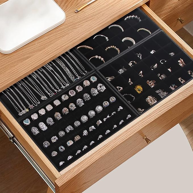 Julysky 4 Pcs/set Stackable Jewelry Organizer Trays for Drawer,100 Slots Ring Tray，Necklace Tray,12 Grid,24 Grid Jewelry Displays for Selling,Black