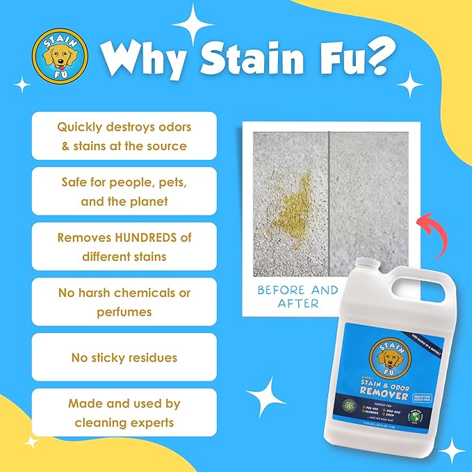 STAIN FU Pet Stain Odor Remover Professional Strength Powerful Eliminator for Tough Dog Cat Pet Urine Pee Poop Feces Vomit Slobber Drool Blood Wine Coffee Home Kennel Car RV Office (1 Gallon)