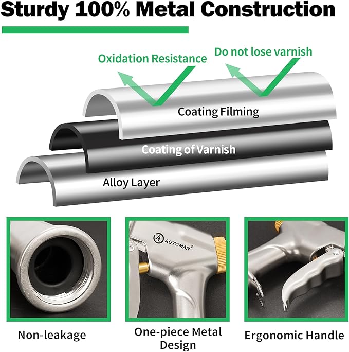 AUTOMAN Garden Hose Nozzle Sprayer - High Pressure 100% Metal Water Spray Nozzle With 4 Patterns - Heavy Duty for Watering Plants, Lawns, Washing Cars & Pets
