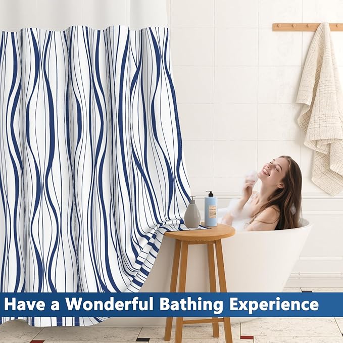 Abstract Blue Striped Shower Curtains for Bathroom, Waterproof Double Layers Fabric Printed No Hook Shower Curtain and Liner Set, Modern Geometric Hotel Luxury Decor Bathroom Curtain, 71x74 Inch