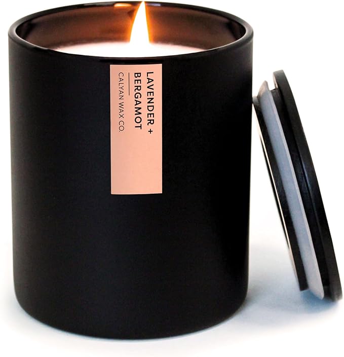 Calyan Wax Co. Lavender & Bergamot Scented Candle - 75 Hour Burn - Luxury Non Toxic Soy Wax Candles - Long Lasting Black Tumbler Jar Candle for Home - 10.2oz