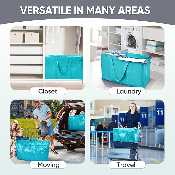 TICONN 8 Pack Extra Large Moving Bags Heavy Duty with Zippers & Carrying Handles, Durable Storage Bags Moving Boxes for Closet Organizers and Storage (8 Pack, Aqua)
