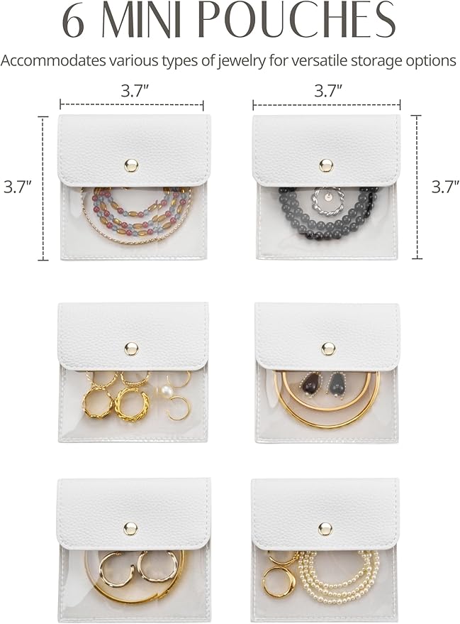 Popvibe 6 Pcs Mini Pouch Small Jewelry Bags Travel Clear Jewelry Storage Bag, Leather Jewelry Pouches for Traveling Velvet Transparent Jewelry Bags for Women, white