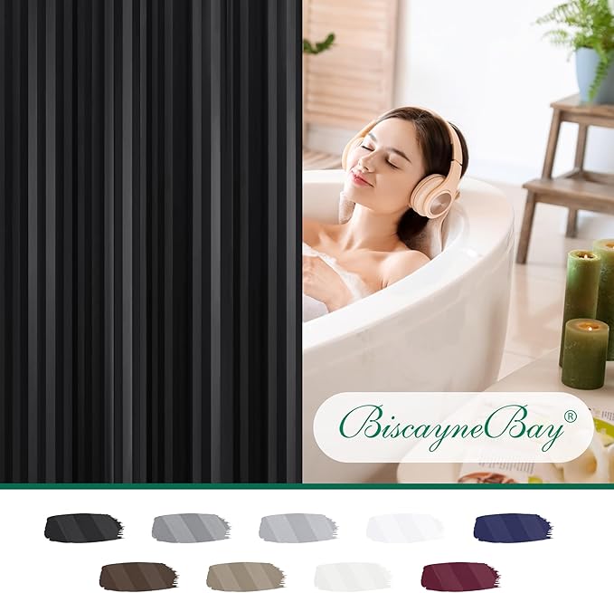 Biscaynebay Fabric Shower Curtain or Liner 72" by 72", Black Water Repellent Damask Stripes Bathroom Curtains Machine Washable
