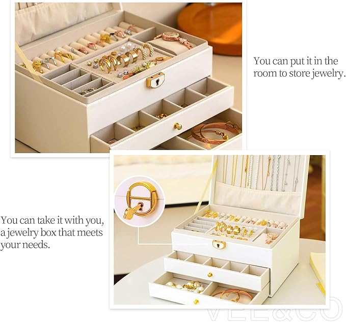 3 Layer Jewelry Organizer Box with Drawers, Lockable PU Leather Jewelry Storage Case for Necklace Earring Ring Bracelet Watch, White