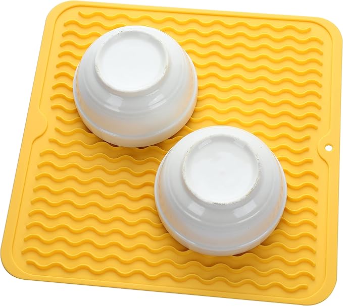 MicoYang Silicone Dish Drying Mat for Multiple Usage,Easy clean,Eco-friendly,Heat-resistant Silicone Mat for Kitchen Counter or Sink,Refrigerator or Drawer liner Yellow M 12 inches x 12 inches