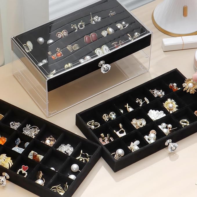 SPAKOWN Earring Box Holder Organizer Case, Clear Velvet Jewelry Storage Tray Organizer for Earring Ring Stud (Black - 3 Drawers)