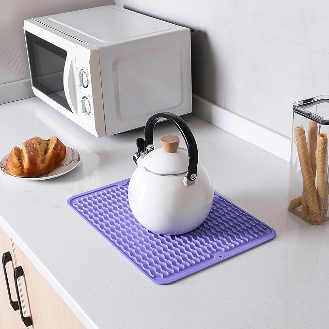 MicoYang Silicone Dish Drying Mat for Multiple Usage,Easy clean,Eco-friendly,Heat-resistant Silicone Mat for Kitchen Counter or Sink,Refrigerator or drawer liner Light Purple L 16 inches x 12 inches