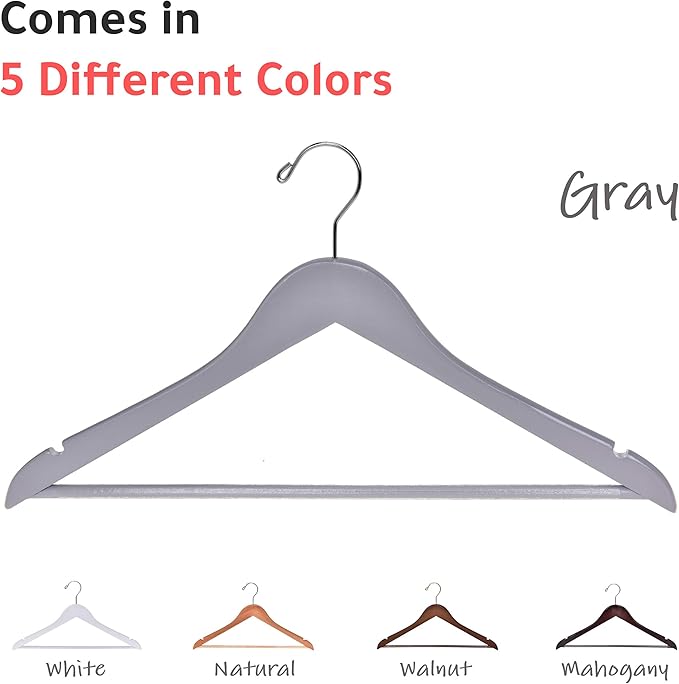 Quality Wooden Hangers - Slightly Curved Hanger Set of 10-Pack - Solid Wood Coat Hangers with Stylish Chrome Hooks - Heavy-Duty Clothes, Jacket, Shirt, Pants, Suit Hangers (Gray, 10)