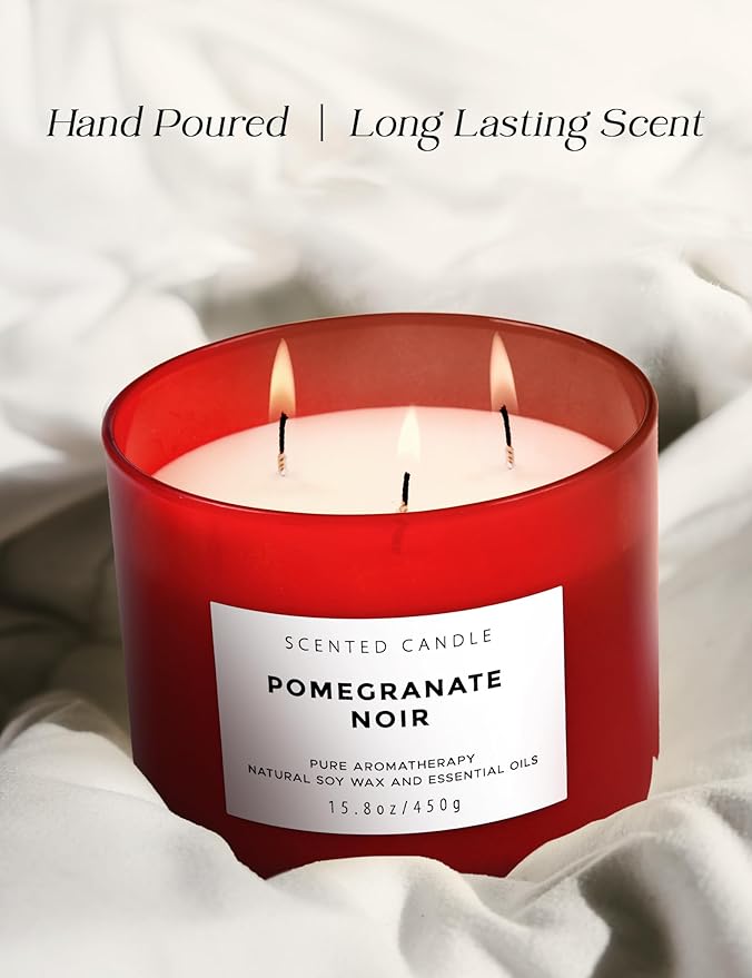 Large 3 Wick Scented Candle 15.8oz | Pomegranate Noir Sweet Fruity Vanilla Candle | Ruby Red Jar Candle | Aromatherapy Stress Relief | Luxury Gift for Women & Men