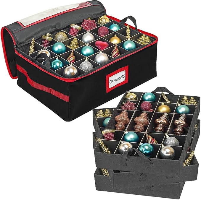 HOLDN’ STORAGE Christmas Ornament Storage Box with Dividers - Fits 72-3” Ornaments, 3 Removable Trays, Durable & Space-Saving, Clear Top Lid, Convenient Storage Designed, Black