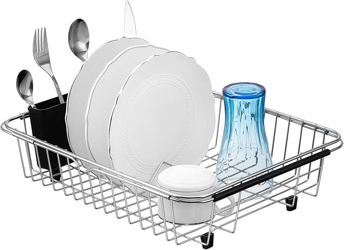 iPEGTOP Expandable Dish Drying Rack, Over The Sink Dish Rack, in Sink Or On Counter Dish Drainer with Black Utensil Holder Cutlery Tray, Rustproof Stainless Steel for Kitchen