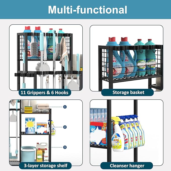 Broom Holder with Cleaning Supplies Organizer, Cleaning Cart with Broom Hanger, Broom and Mop Holder with Wheels,11 Mop Hanger Grippers & 6 Hooks, Broom Organizer for Laundry, Garage, Tool Room
