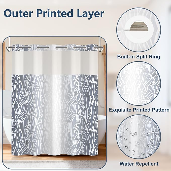 Ombre Light Blue Striped Shower Curtain with Liner, Aesthetic Hotel Luxury Bathroom Curtains, Modern Geometric Minimalist Double Layers No Hook Shower Curtain, Washable Waterproof Fabric, 71x74 inch