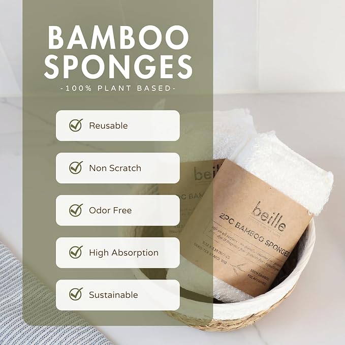Beille 100% Bamboo Dish Sponges Kitchen Essentials Cleaning Supplies 2pk