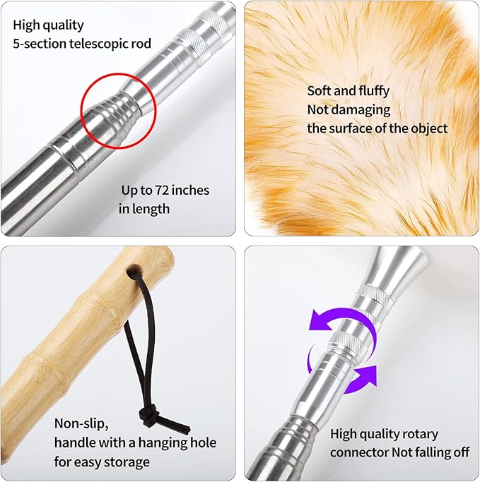FeelfunFeather Feathers Duster,Long Telescoping Lambswool Dusters with Stainless Steel Extension Pole Up to 87.8" for Cleaning High Ceiling Fan, High Ceilings,Furniture,Hard to Reach Areas
