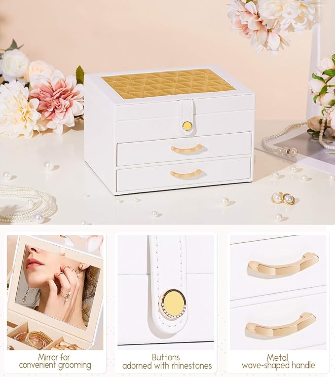 White Jewelry Box Organizer: Home Decor for Women - 2-Drawer Holder for Valentine’s Day Birthday Gift White Gold