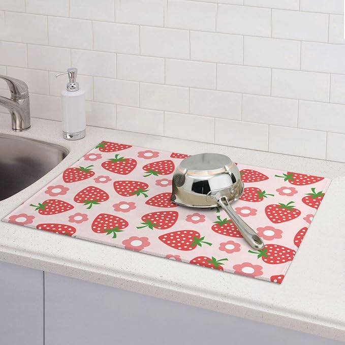 Pink Strawberry Dish Drying Rack Mat for Kitchen Counter XL, Cute Flower Dish Drying Pad Absorbent Reversible Microfiber Protector for Coffee Bar Sink Countertops 18x24 Inch