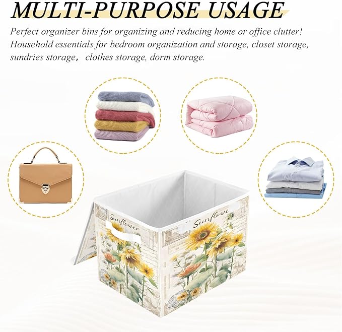 Bolaz Storage Bins with Lids and Handles,Sunflower Stamp Storage Box Basket with Cover Collapsible Organizer Containers for Home Closet, Shelves
