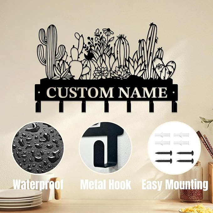 Personalized Custom Name Cactus Wall Keys Hooks,Metal Cactus Art Clothes Hooks,Metal Cactus Lover Wall Home Storage Decorative,For Front Door, Hallway, Kitchen, Bedroom,Keys,Hats (Style D)