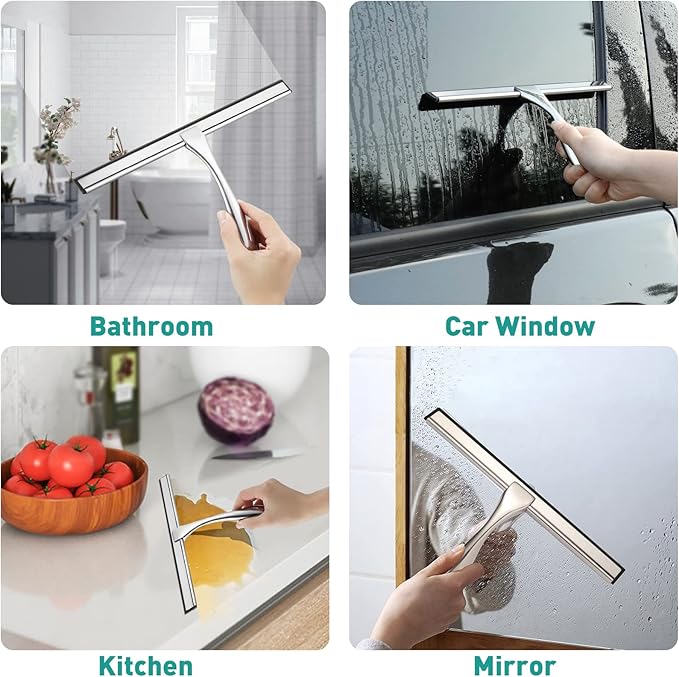 steauty Shower Squeegee for Glass Doors,14-Inch Shower Glass Squeegee, Sliver Shower Squeegee for Shower Doors,Mirror,Windows, with Shower Door Hook and Adhesive Hook