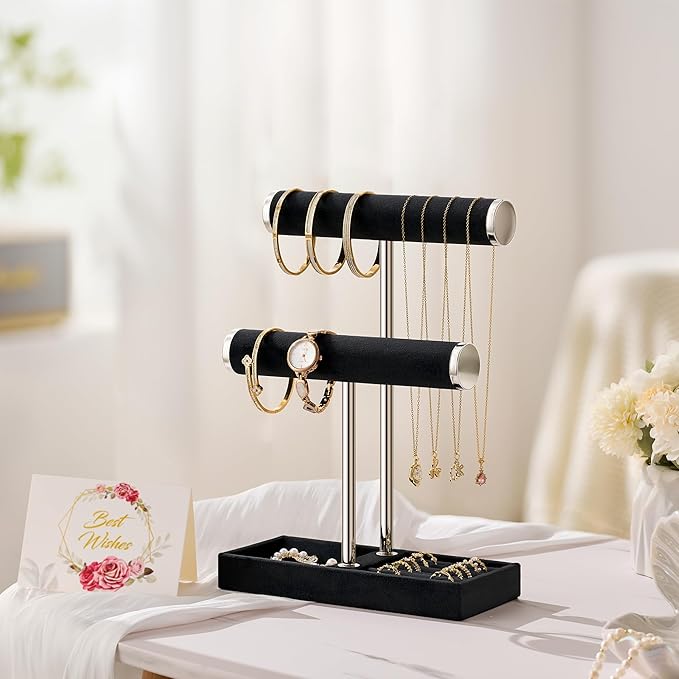 bussdis 2 Tier Bracelet Holder Display - Detachable T Bar Black and Silver Velvet Bracelet Holder, Jewelry Holder Organizer for Bracelet, Necklace, Earrings, Rings