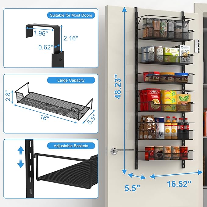 VyGrow Over the Door Pantry Organizer, 6-Tier Over the Door Organizer with Adjustable Basket, Pantry Door Organization for Pantry Kitchen Storage Room Spice Rack, Black