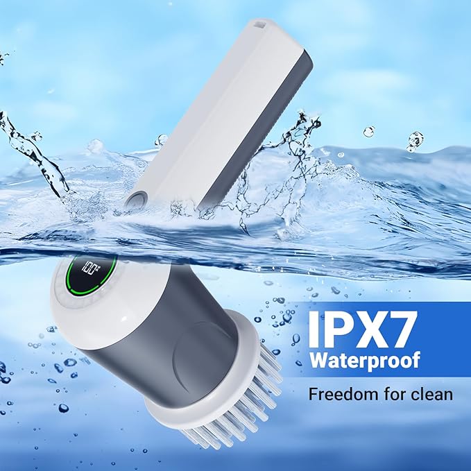 PUFTEM Electric Spin Scrubber, Cordless Shower Scrubber with Battery Level Display, 2 Speeds Electric Scrubber for Cleaning with 6 Replaceable Heads, Cleaning Brush for Bathroom/Sink/Window (Gray)