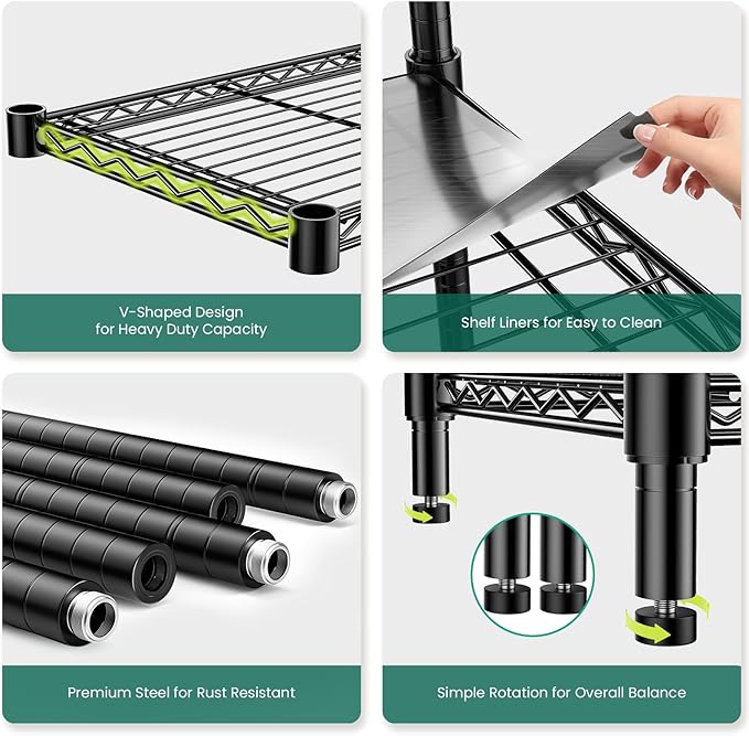 RackBro 48" W Storage Shelves 1875LBS Metal Shelving, 5-Tier Adjustable Wire Shelving Unit with Liners, Heavy Duty Garage Shelving Steel Rack for Commercial Pantry, 48" W x 18" D x 72" H, Black
