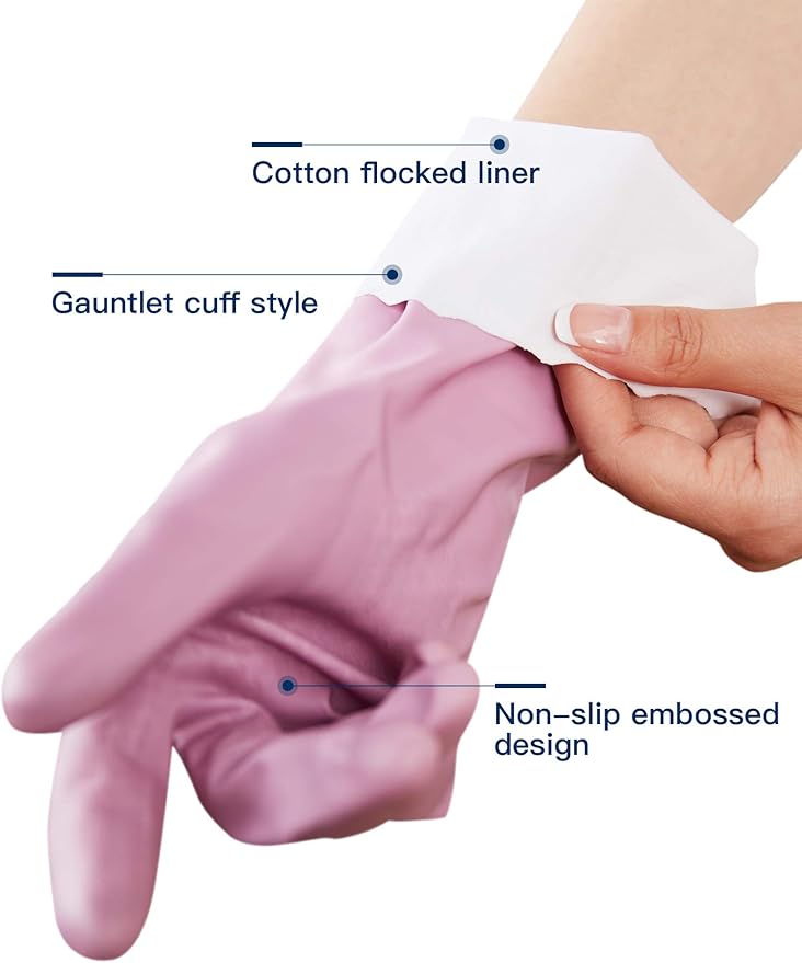 LANON 3 Pairs wahoo Skin-Friendly Cleaning Gloves, Dishwashing Kitchen Gloves with Cotton Flocked Liner, Reusable, Non-Slip, Mauve Mist, Large