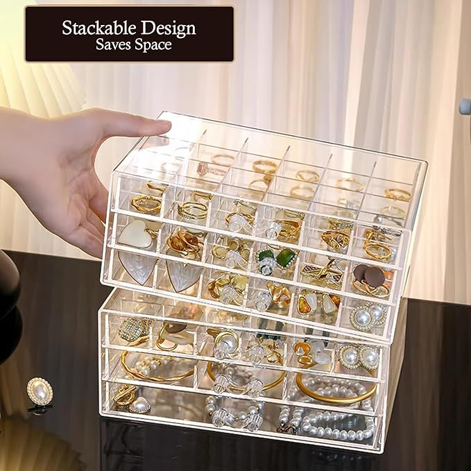 SPAKOWN Earring Organizer, Acrylic Jewelry Holder Organizer with 5 Drawers Stackable Earring Storage Case Jewelry Boxes for Women (Clear)