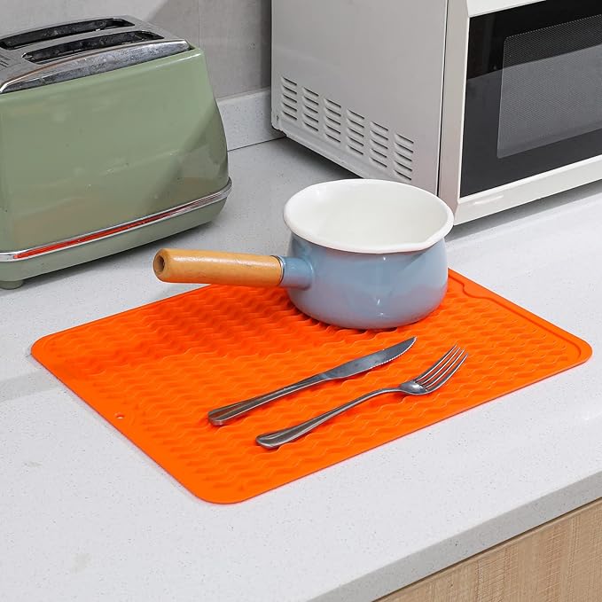 MicoYang Silicone Dish Drying Mat for Multiple Usage,Easy clean,Eco-friendly,Heat-resistant Silicone Mat for Kitchen Counter or Sink,Refrigerator or drawer liner Orange L 16 inches x 12 inches