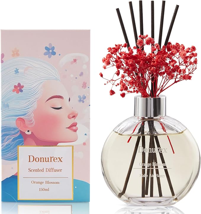 Flower Reed Diffuser Set 5.07oz Orange Blossom Scent Diffuser with Sticks Home Fragrance Reed Diffuser for Bathroom Shelf Decor