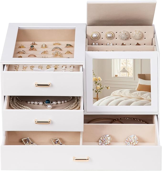 Homde Women Mirror Jewelry Box: Organizer Case with Clear Lid for Ring Necklace Earring - Birthday Gift for Young Women (White)