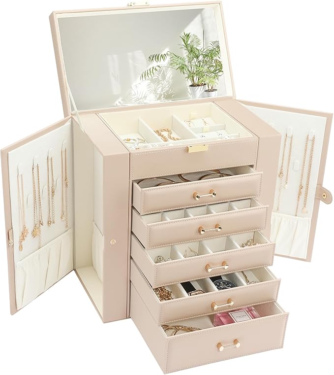 Jewelry Storage Box, Jewelry Organizer with 22 Necklace Hooks, Large Jewelry Box for Ring Bracelet Necklace Earrings (Apricot)