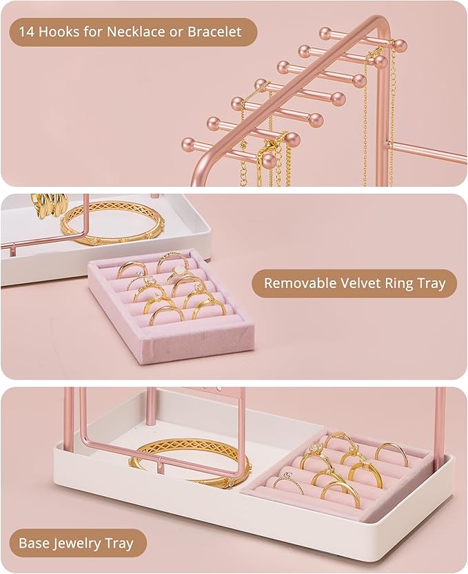 ProCase Jewelry Stand Holder Organizer, Jewelry Display Storage with Ring Tray, No-Assembly Needed, Rotating Earring Bracelet Necklace Holder, Christmas Gifts Room Dorm Decor for Teen Girls -Rosegold