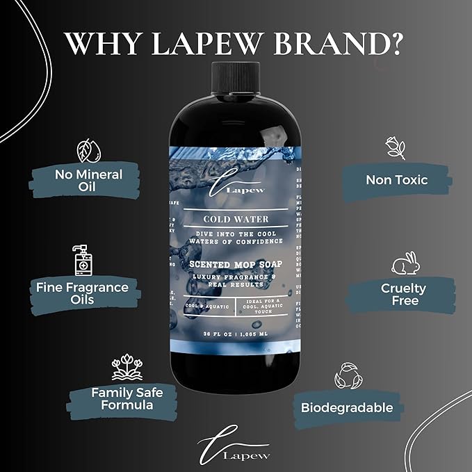 Lapew Cold Water Scented Mop Soap Concentrate 36 oz | Premium Fragranced Floor Cleaner | Streak-Free | Hard Floor Cleaning Solution | Eco Friendly | Made in USA (Cool Water)