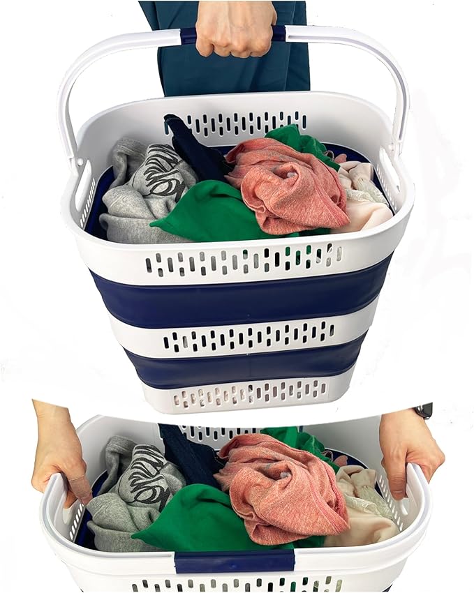 SAMMART 38L (10 Gallon) Collapsible Plastic Laundry Basket - Foldable Pop-Up Storage Container/Organizer – Portable Space Saving Laundry Hamper (1, White/Starry Blue)