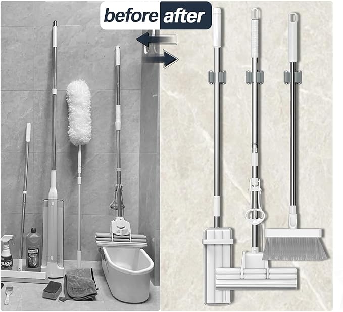 3-H Mop and Broom Holder Wall Mount 6 Pack, Broom Holder for Garage Garden Shed Storage System Laundry Room Home Kitchen Organization up to 1.45 Inch(Grey)
