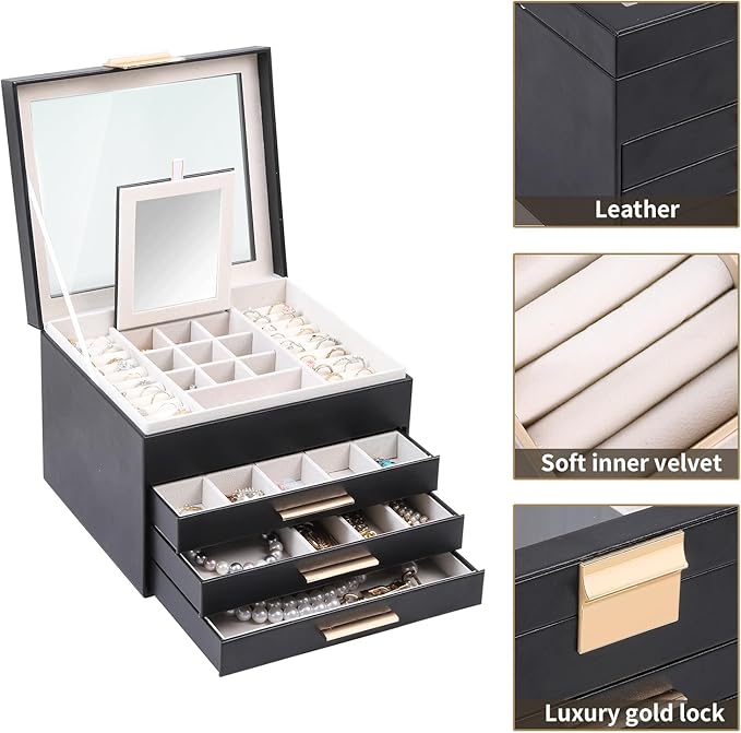 BOOVO Clear Lid Jewelry Box,4 Layers Jewelry Organizer Large Jewelry Storage Box with 3 Drawers,Jewelry Holder Organzier of Rings Earrings Necklace Bracelets for Women (Black, 4 Layer)